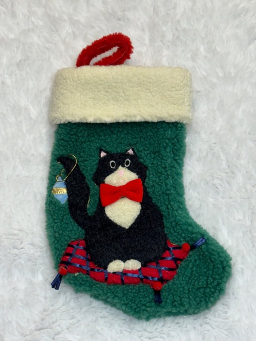 Vintage Cat Christmas Stocking Red Bow Ornament Green Sherpa Fleece Decor Retro